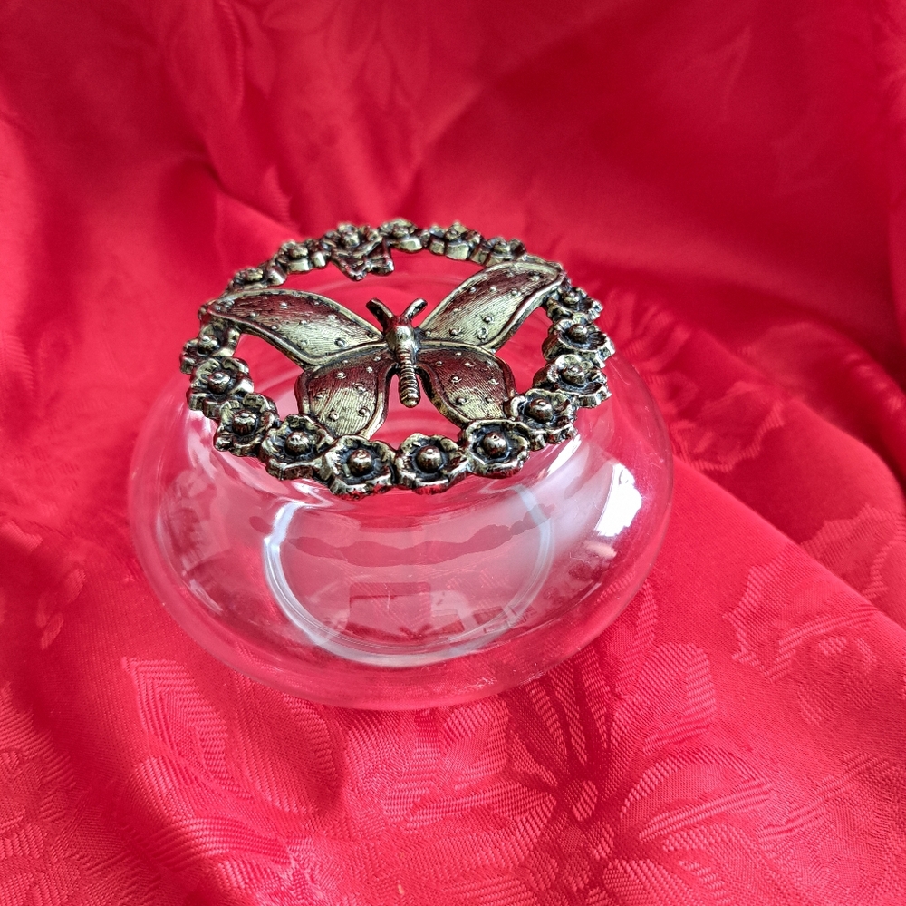 Decorative Glass Bowl with Silver Butterfly Accent